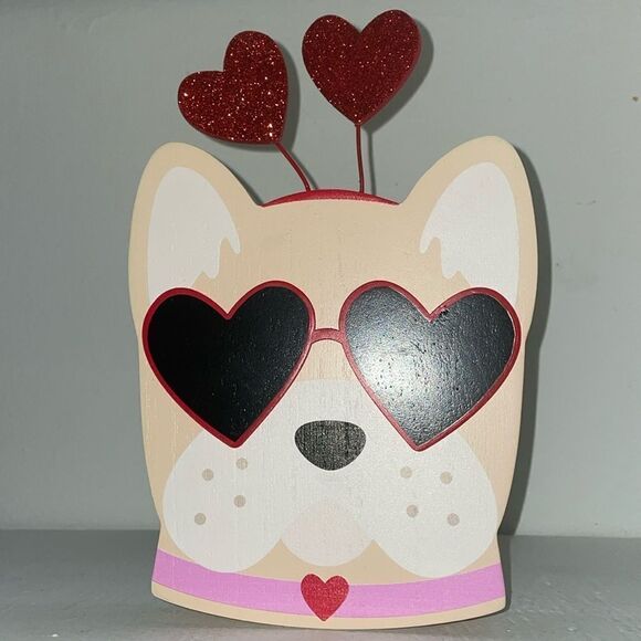 Heart valentines wooden pink dog heart glasses desk art desk decor house decor - Picture 4 of 11